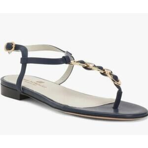 Bruno Magli Marina Blue Leather Gold Chain T-Strap Sandals EU 40 US 9 Italy